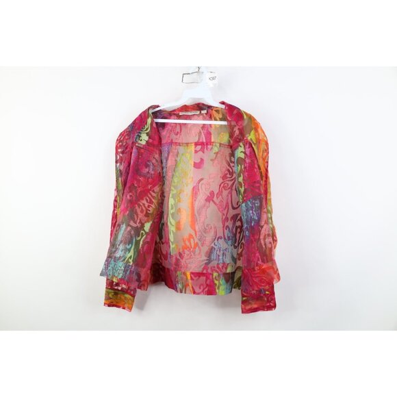 Vintage 90s Y2K Babydoll Womens Large Flax Blend Sheer Rainbow Flower Jacket - Picture 10 of 14